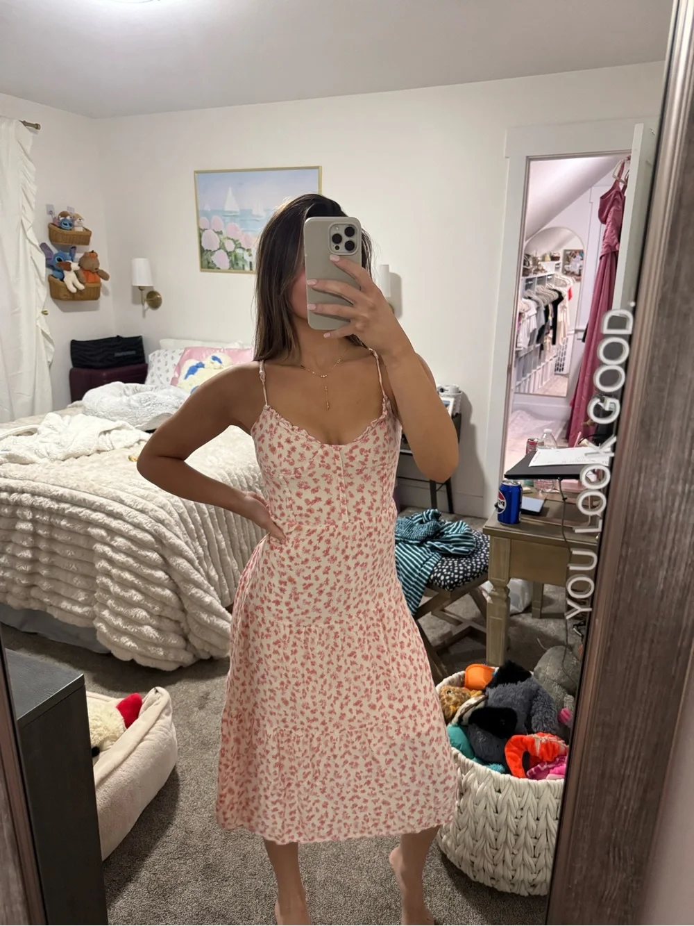 Women’s Cream Midi Sundress with Pink Floral Print